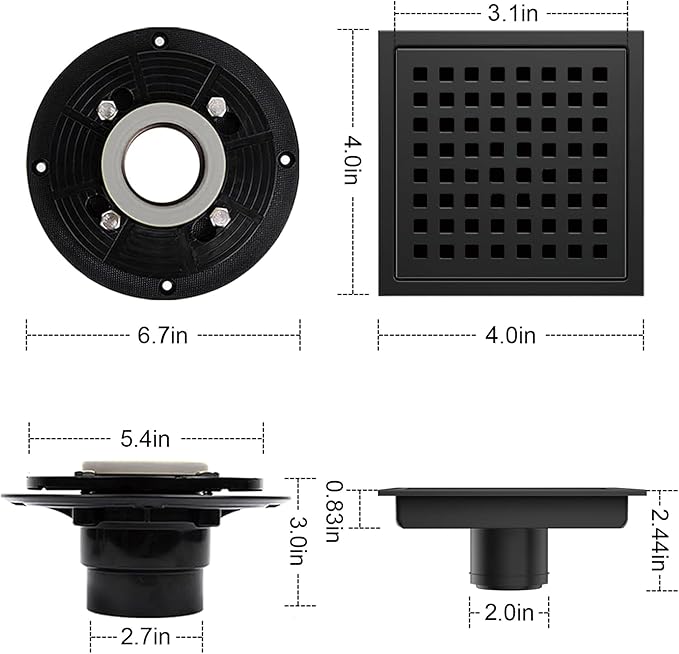 4 Inch Square Shower Floor Drain, Shower Drain Kit with Flange, Square Shower Drain, SUS 304 Stainless Steel Floor Drain,Matte Black