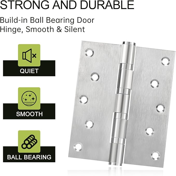 5" Ball Bearing Door Hinges 3 Pack, Heavy Duty Stainless Steel Hinge 5 x 4 Inch for Interior Exterior Doors, with Stainless Steel Screws, Silver