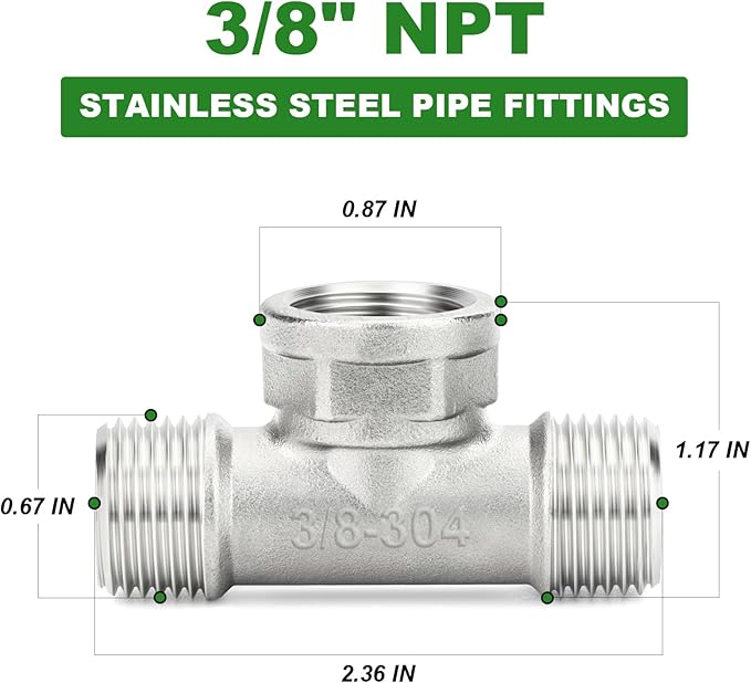 TAISHER 5PCS 304 Stainless Steel Tee Pipe Fittings, 3/8" NPT Male x 3/8" NPT Female x 3/8" NPT Male Pipe Fittings, Female Branch Tee