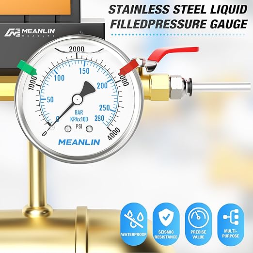 MEANLIN MEASURE 0~4000Psi Stainless Steel Liquid Filled Pressure Gauge 2.5" FACE DIAL 1/4" NPT for WOG Water Oil Air Back Mount with Stainless Steel Hex Bushing and Snaps