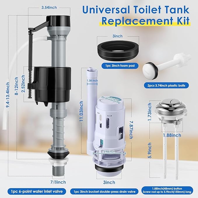 Saillong 2 Pack 3 Inch Universal Toilet Tank Replacement Kit, Include Dual Flush Valve with Push Button, Toilet Fill Valve, Bowl Gasket and Plastic Bolts, Tank Parts Replacement for 2-Piece