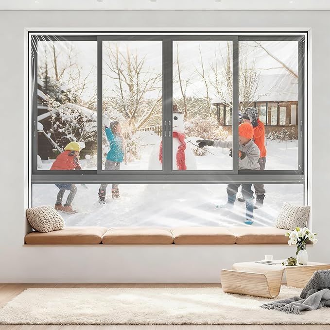 Window Insulation Kit 63 in x 10 ft Cuttable Transparent Film 180μm Thick Reusable Plastic Wrap with Adhesive Straps for Winterizing Thermal Insulation to Keep Cold Out