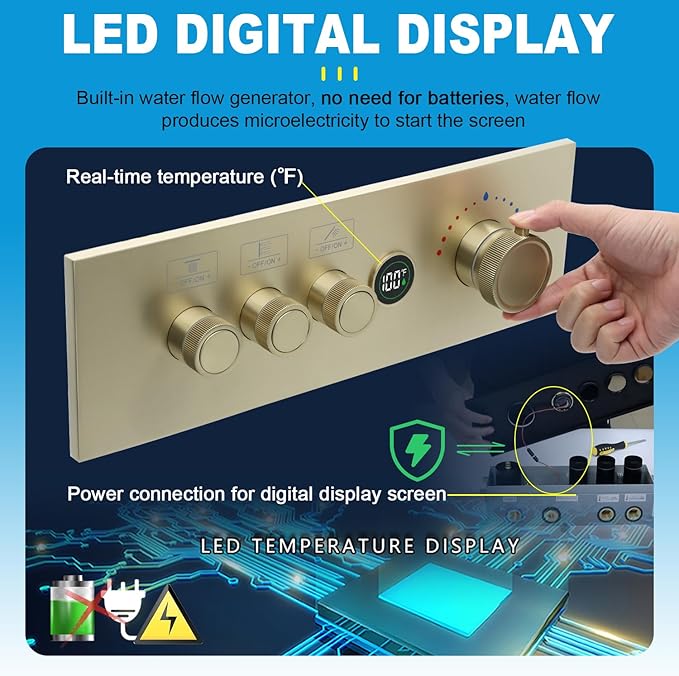 Enga 3-Function Shower Mixing Valve, Temperature Display Push-Button Thermostatic Valve with Flow Volume Control, Brushed Gold