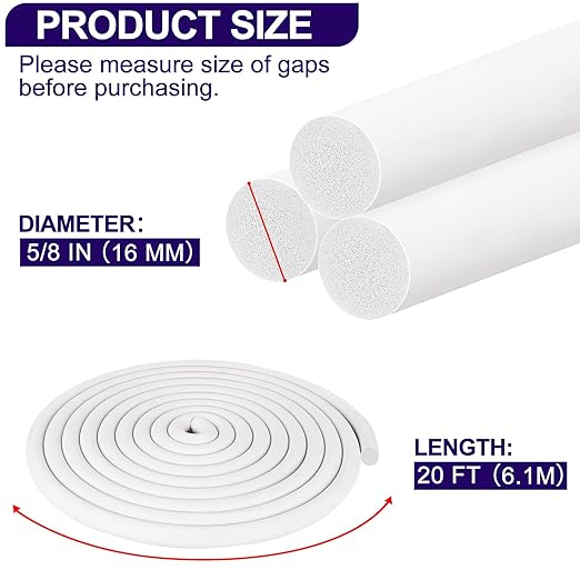 ToLanbbt Backer Rod EPDM Rubber 5/8" Diameter x 20' Length Caulk Saver Door Window Weather Stripping Seal for Concrete Filling Joints and Gaps (White)