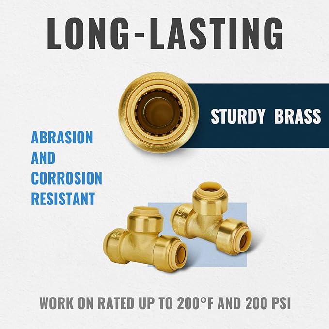 SUNGATOR Push Fitting Set, 1/2 Inch Pushfit Tee (5 PCS), 3/4 Inch Pushfit Tee (3 PCS), No Lead Brass Push to Connect Plumbing Fittings for Pex Pipe, Copper, CPVC, with 2 Disconnect Clips, Pack of 8