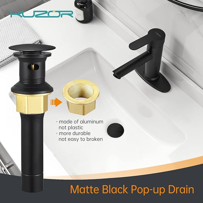 2-Pack Pop Up Bathroom Sink Drain with Overflow - Fits 1-5/8" to 2" Holes, Matte Black 304 Stainless Steel for Vanity/Vessel Sink