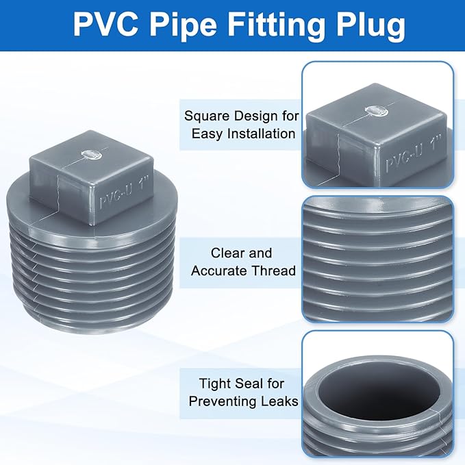 uxcell 10Pcs 1 Inch PT Male Thread PVC Pipe Fitting Plug, Cleanout Plugs, Water Drain End Caps Coupling Adapter with Tape for Water Heater Supply Lines, Plumbing, Gray