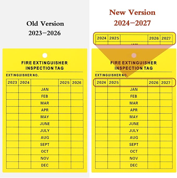 Chunful 101 Pieces Monthly Fire Extinguisher Inspection Tags 2025 to 2028 Maintenance Tags Plastic Tamper Seals Numbered Security with Handheld Hole Puncher(Yellow)