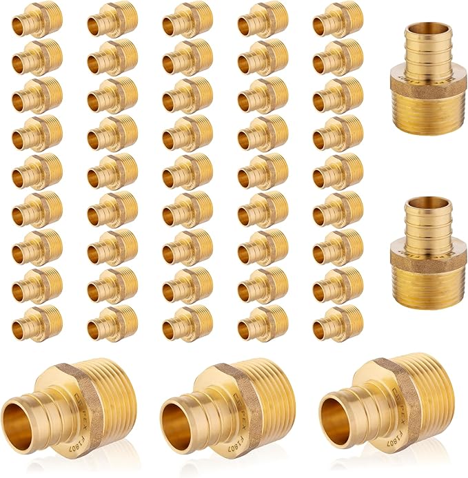 (50-Pack) PEX Fittings, Pex 1"x1" Male Threaded NPT Adapter, Brass Crimp Fittings, for PEX Tubing Pipe Plumbing, ASTM F1807(PEX1807278-50Pack)