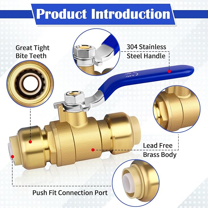 Push Fit Ball Valve, 2pcs 3/4 Inch x 3/4 Inch Push-to-Connect Water Shut Off Valve with 1 Disconnect Clip, Brass Plumbing Water Valve, Pex Push Ball Valve, Used for PEX or PVC Tubing or Copper Pipes