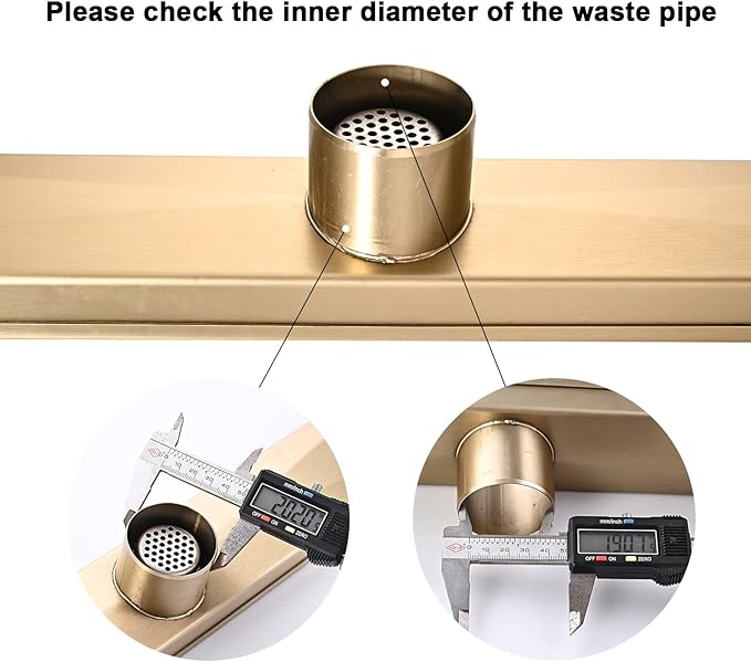 Linear Shower Floor Drain, Brushed Gold 12 Inch 304 Stainless Steel Bathroom Drains Kit, Rectangular Shower Trench Drain with Reversable Tile-in Pattern Drain Cover & Hair Catcher