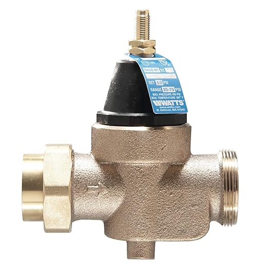 Watts LFN45B Series 1" Lead-Free Cast Copper Silicon Alloy Water Pressure Reducing Valve, NPT Thread Union Inlet x NPT Female Outlet, Elastomer Disc, Adjustable Pressure 25 to 75 psi, Maximum 400 psi