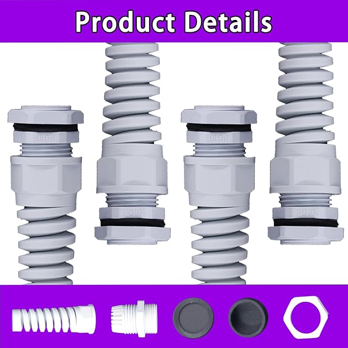 Swpeet 22Pcs 6 Sizes 3mm-18mm Waterproof Cable Gland Conduit Fittings with Gasket, Flex Spiral Strain Relief White Nylon Pigtail Cord Joint Cord Connector Adjustable Locknut for Cable Wire