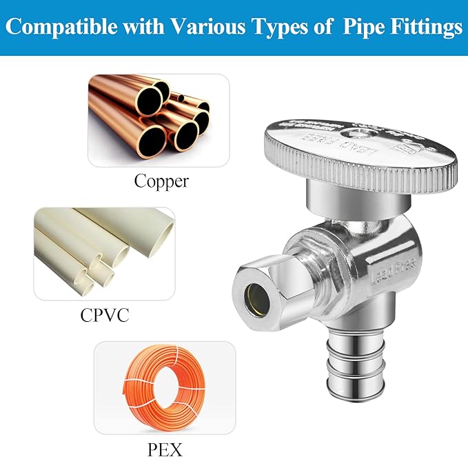 WiseWater 1/2 PEX Angle Stop Valve 1/2" PEX x 1/4" Compression, 1/4 Turn Shut Off Valve, Heavy-Duty Chrome Brass Plumbing Fitting for Sink & Toilet (5-Pack)
