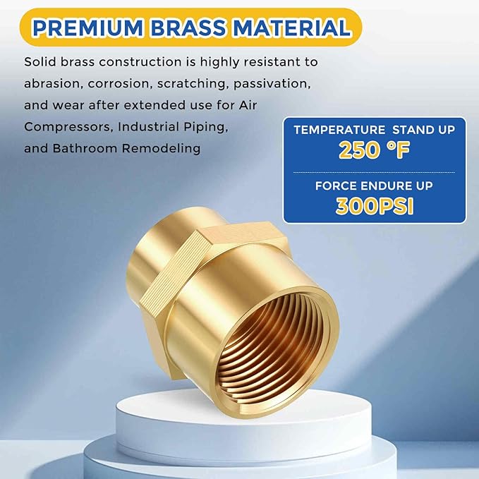 2 Packs Brass Pipe Fittings, 3/8" FeMale NPT to 1/4" FeMale NPT Brass Coupling, Coupler Hex Head Connectors for Air, Oil, LP, Gas