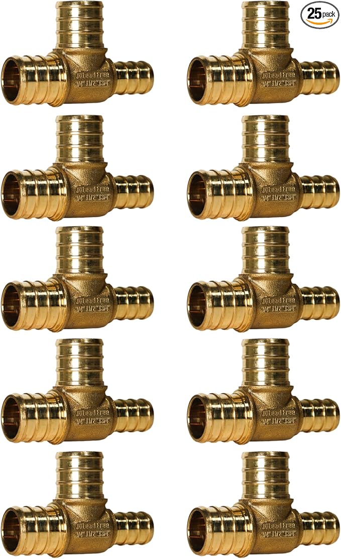 XFITTING 3/4 inch x 1/2 inch x 3/4 inch Pex Tee, Pex B Reducing Tee Crimp Version 25-1-3=25X, 25 Pieces