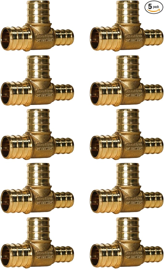 XFITTING 3/4 inch x 1/2 inch x 3/4 inch Pex Tee, Pex B Reducing Tee Crimp Version 25-1-3=5X, 5 Pieces