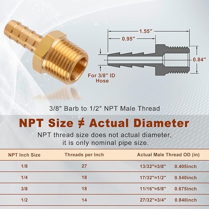 5pcs Brass Hose Barb Fittings 3/8 Inch Barb to 1/2 Inch NPT Male Thread Air Hose Fittings Adapter Connector Water Fuel Air Line Fittings 3/8” Barb × 1/2” NPT Brass Fittings