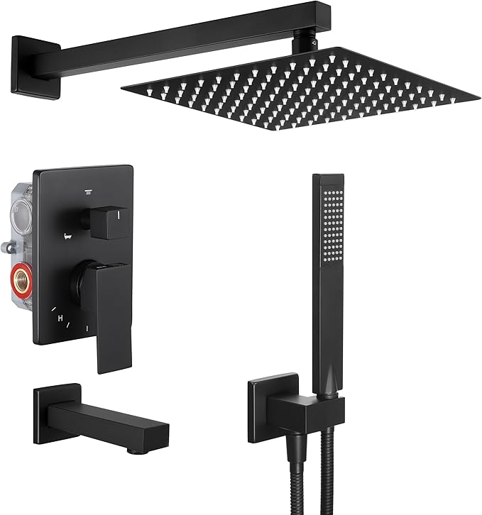 KES Shower System Pressure Balancing Shower Valve with Tub Faucet Spout Set Handheld and 10 Inch Rainfall Shower Head Combo All Metal Matt Black, XB6300-BK