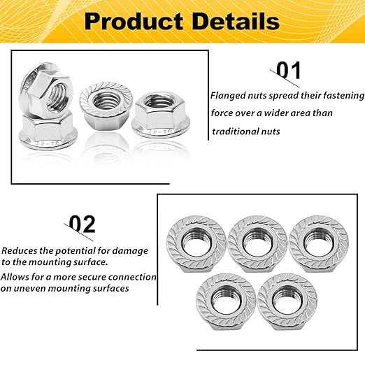 M10 Serrated Flange Hex Nuts, M10-1.5mm Hexagon Flange Nuts, 304 Stainless Steel, Metric, Heavy Duty Replacement Nut with Plastic Case, 16 Pack