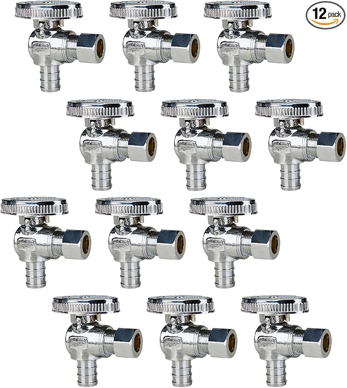 SUNGATOR 12-Pack Angle Stop Valve, 1/2" PEX x 3/8" OD Compression, Quarter Turn Chrome Plated, 1/2 inch Pex Shut Off Valves for Faucet and Toilet, UPC Certified