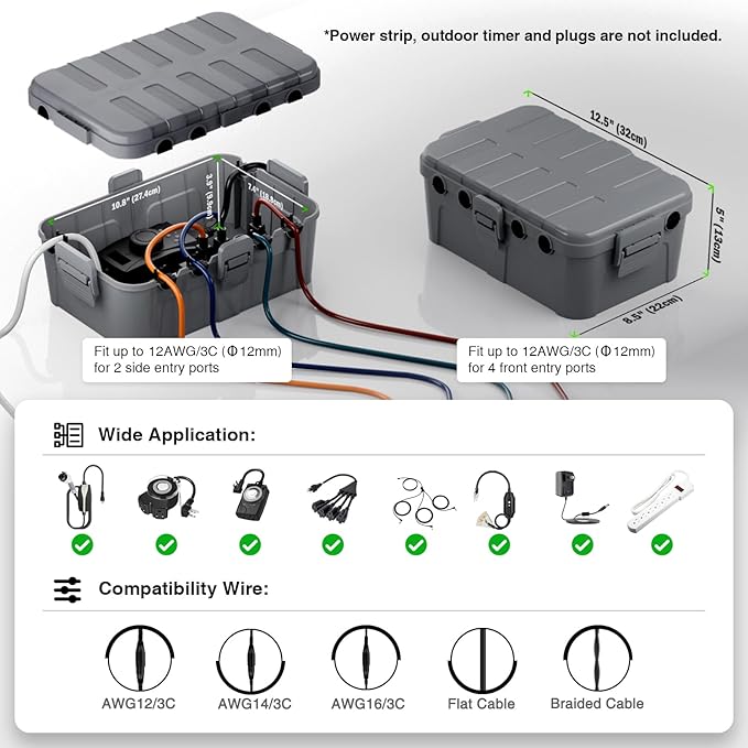 Flemoon 2-Piece Outdoor Waterproof Electrical Box Set – 12.5" x 8.5" x 5" Large & 8.1" x 4.9" x 3.1" Small Weatherproof Electrical Boxes for Power Strips, Outlets, Holiday String Lights, Gray