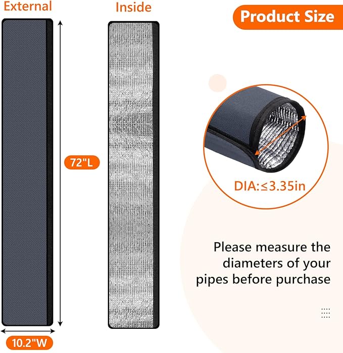 3 Layers HVAC Copper Pipe Insulation Cover,72"x10.2" Weatherproof 600D Oxford AC Pipe for Outside,Grey Flexible Copper Line Insulation Sleeve for Central Air Conditioning Mini Splits