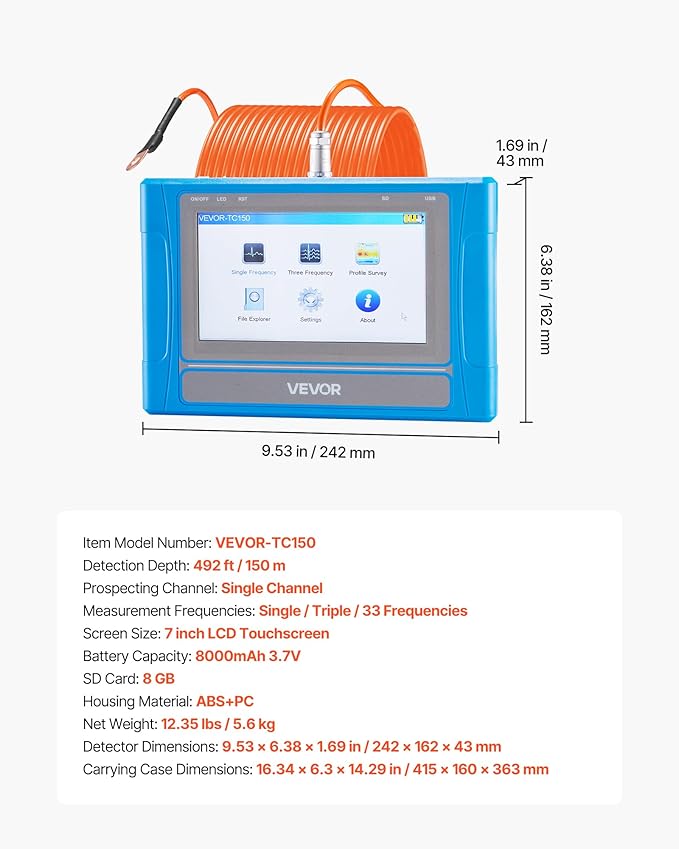 VEVOR Underground Water Detector, Up to 492ft (150m) Pro Underground Water Detection Locator, 7" Touchscreen Auto Mapping Well Detector Explorer with Multi-Frequency Measurement, 8GB Card, Carry Case