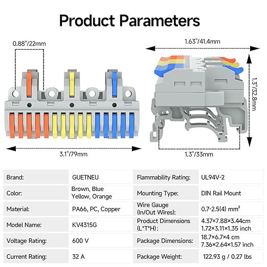 2Pcs Lever Wire Connectors, 3 in 15 Out, Push-in, Quick Wiring DIN Terminal Blocks, 0.75-2.5(4) mm², 600V 32A, 36Pcs Wire Ferrules Terminals & 6.89 Inch DIN Rail Included