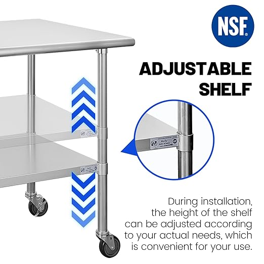 Hally Stainless Steel Table for Prep & Work 30 x 48 Inches with Caster Wheels, NSF Commercial Heavy Duty Table with Undershelf and Galvanized Legs for Restaurant, Home and Hotel