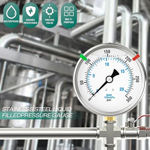 0-300PSI Stainless Steel Liquid Filled Pressure Gauge, 4" Dial Size, 1/4" NPT Lower Mount, for Tube, Water Pump, Gas, Liquid, Pressure Test (with Range Mark Pointer)