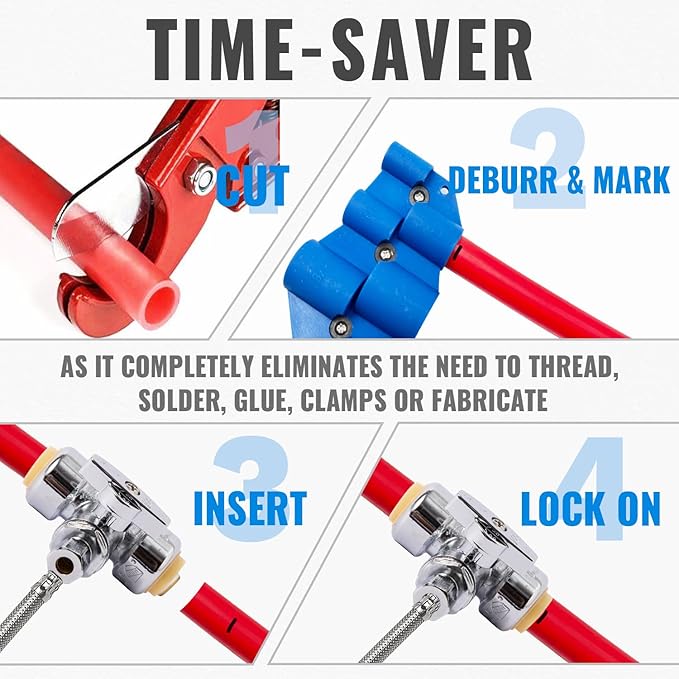 SUNGATOR Service Tee Stop Valve, 1/2 Inch Ptc x 1/2 Inch Ptc x 1/4 Inch Compression, No Lead 1/4 Turn Push Fit Water Valve Shut Off with Disconnect Clip, Push-to-Connect PEX, Copper, CPVC (2-Pack)
