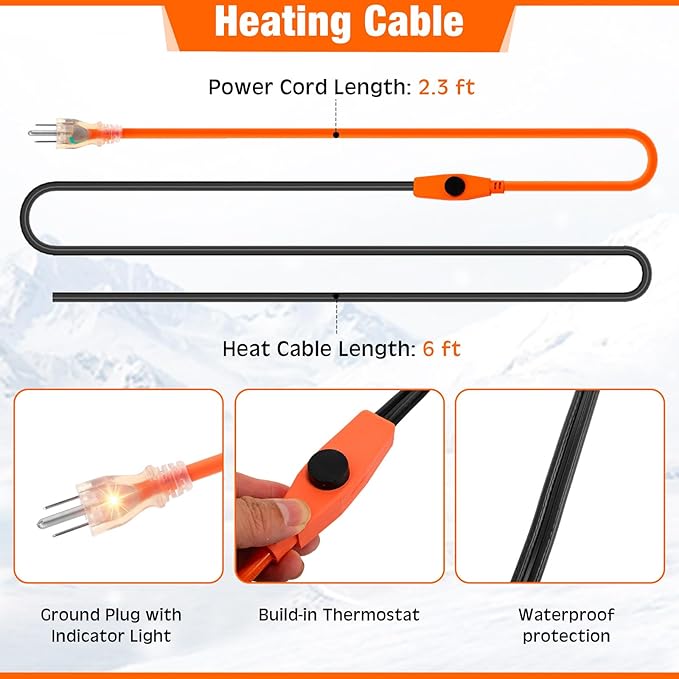 32 ft Pipe Insulation Foam Tape, 32 ft Foil Electric Pipe Hose Wrap, 6ft Heating Cable Automatic Electric Heat Kit Built in Thermostat for Outdoor Winter Hot Cold Water Pipe