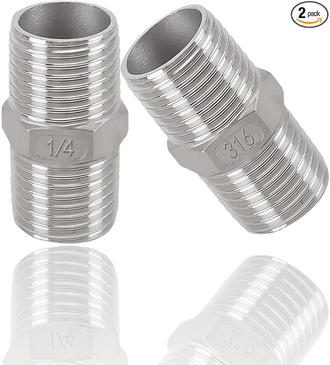 1/4" Male to 1/4" Male Hex Nipple Adapter, 316 Stainless Steel 1/4 Inch NPT Threaded Pipe Fitting, Heavy Duty Coupling for Plumbing Systems, Oil, Gas & Steam (2-Pack)