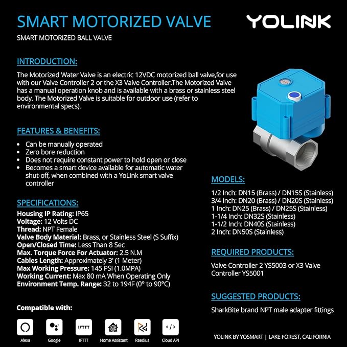 YoLink Wireless Smart Valve Control Kit, NSF Certified 1" Stainless Steel Motorized Valve, Wireless Controller 2, LoRa Long Range, D2D Offline with Leak Sensors, 2 Years Battery Backup