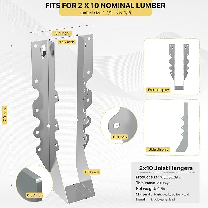 20 pcs 2x10 Joist Hanger,LU210 20 Gauge Double Shear Face Mount Joist Hanger,Hurricane Ties for Rafters Tie Brackets Great for Floor Deck and Ceiling Joists