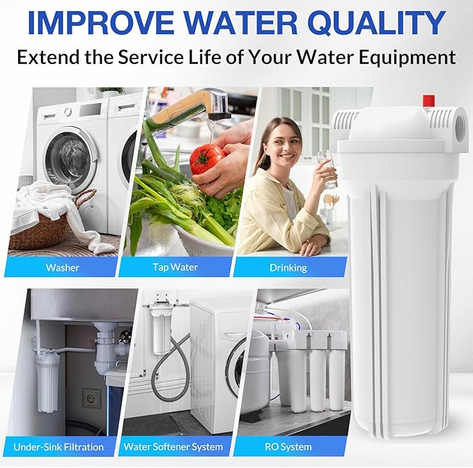 SimPure Whole House Water Filter Housing, Inline Water Filter for Home, Universal 10 inch Sediment Filter with 3/4 NPT Inlet and Outlet, Heavy Duty Steel Bracket, 4 Screws, Wrench
