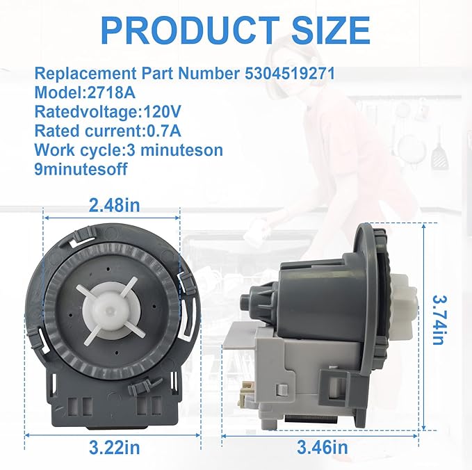2718A Dishwasher Drain Pump for Frigidaire 5304519271 Compatible with Frigidaire Kenmore Electrolux Ikea Dishwasher Machine Replace 4920459 AP6834625 PS12705674 EAP12705674 120V 60Hz 0.7A