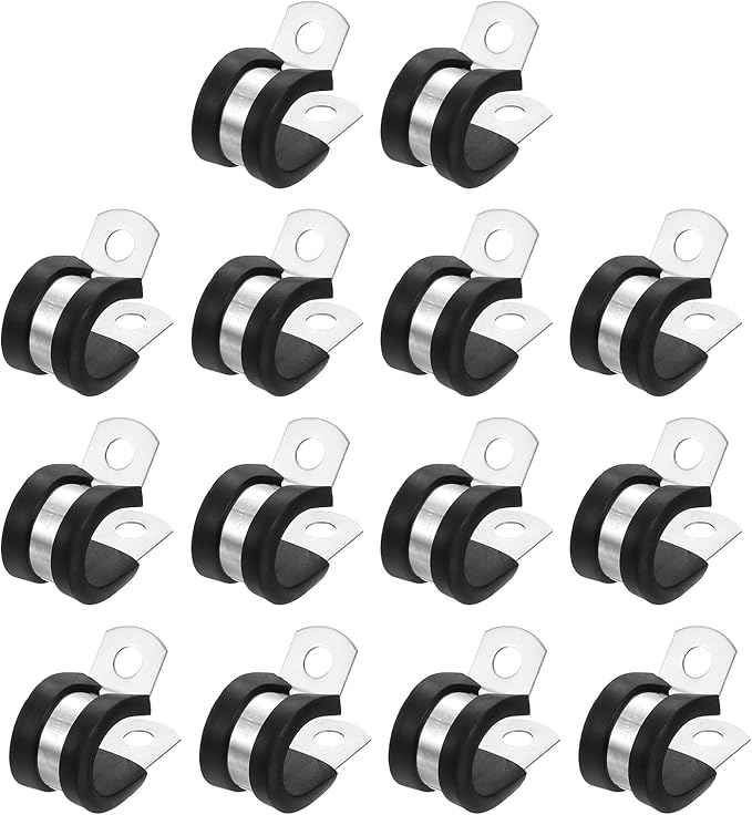 uxcell 1/2"(14mm) Cable Clamp, 304 Stainless Steel Rubber Cushioned Insulated Clamp R Shape Metal Clamp Tube Holder for Pipe Hose Wire Cord Installation 14Pcs
