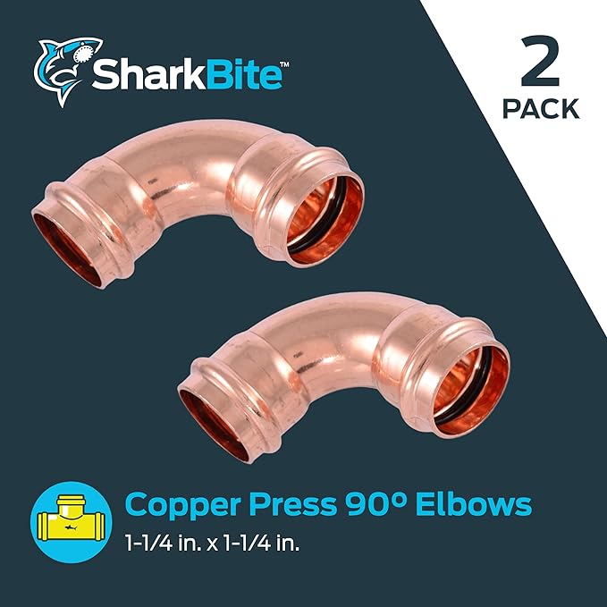 SharkBite 1-1/4 x 1-1/4 Inch 90 Degree Elbow, Copper Press Plumbing Fitting, Pack of 2, UPR0235X2
