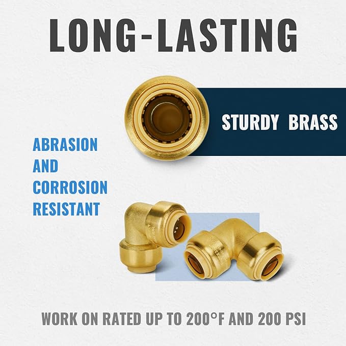 SUNGATOR Push Fitting Set, 1/2 Inch Plumbing Fitting Elbow (5 PCS), 3/4 Inch Plumbing Fitting Elbow (3 PCS), No Lead Brass Push to Connect Pex, Copper, CPVC, with 2 Disconnect Clips, Pack of 8