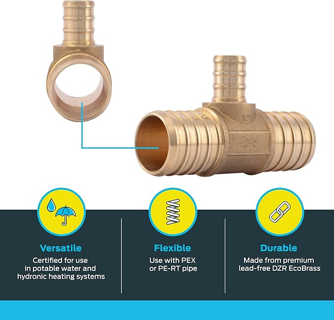 SharkBite 1 Inch x 1 Inch x 1/2 Inch Crimp Reducing Tee, Brass Plumbing Fitting, PEX Pipe, PE-RT, UC415LFA