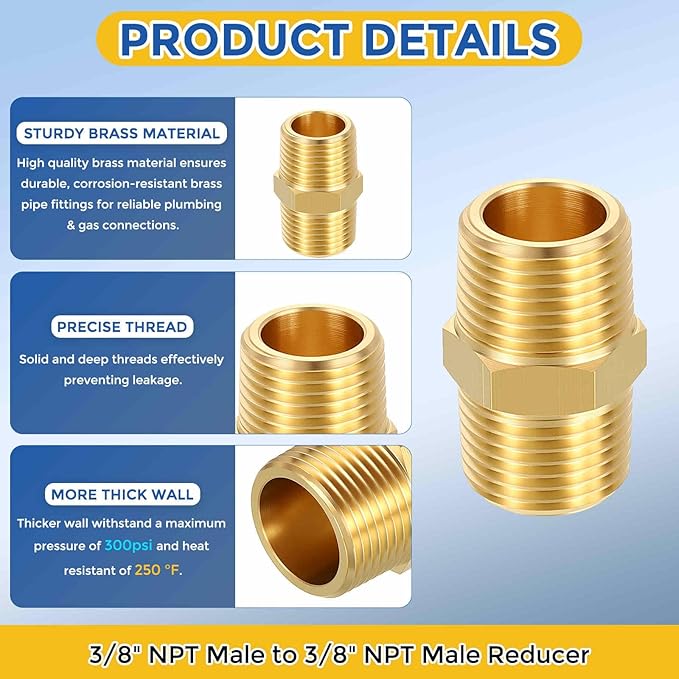 3 Pack Brass Pipe Fittings, 1/4" NPT Male to 1/4" NPT Male Brass Hex Nipple, Male Pipe Adapter Reducer for Air, Oil, LP