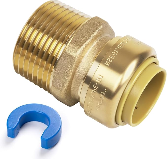 3/4" PTC to 1" NPT Male Reducing Adapter Push-Fit, Push to Connect Brass Plumbing Fitting for Copper, CPVC, PEX Pipes, With Upgraded Stiffener, Disconnect Clip Included, NSF & UPC Certified