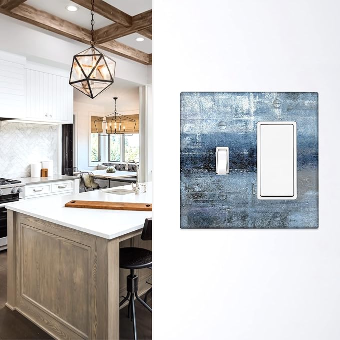 Blue Grey 2-Gang Combination Switch Plate Modern Light Switch Cover Abstract Art Decortive Wall Plate Cover Wallplates for Kitchen Home Bedroom Decor