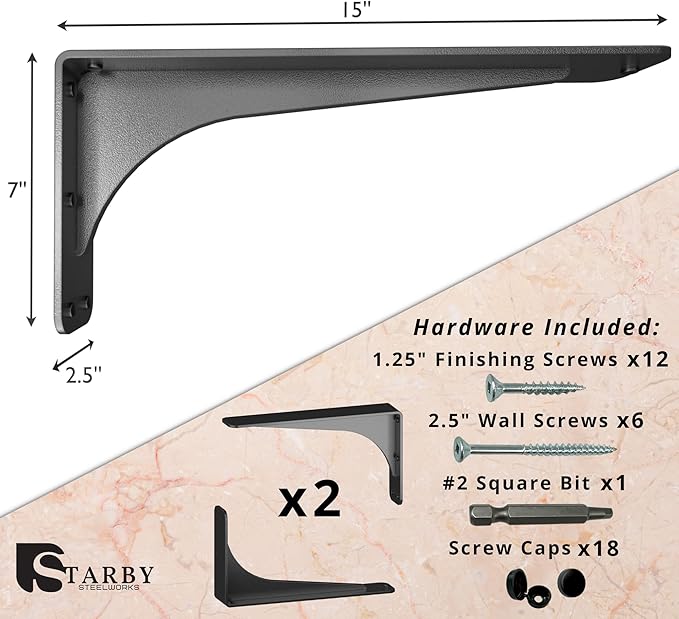Starby Gladiator Series Solid Heavy Duty Welded 500 Lb Low Profile Granite Countertop Support Shelf Brackets Floating Shelf Discrete Slim 500 LB Capacity (2 Pack) (7" x 15" x 2.5")
