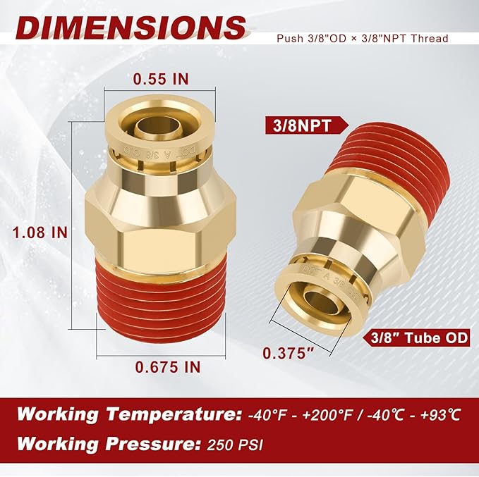 3/8" Quick Push to Connect Fittings Brass Union Straight Joint DOT Approved Tube OD x NPT Thread Air Line Adapter for Suspension Kit Truck Trailers and Brake System 4pcs