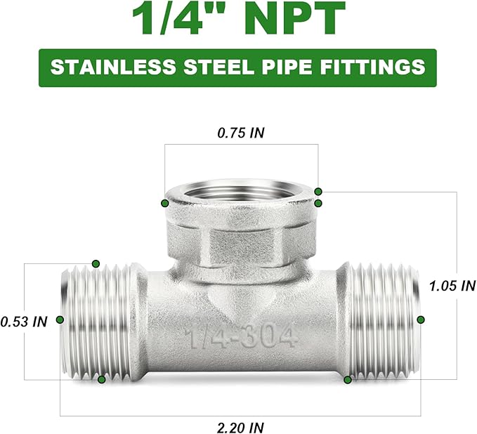 TAISHER 5PCS 304 Stainless Steel Tee Pipe Fittings, 1/4" NPT Male x 1/4" NPT Female x 1/4" NPT Male Pipe Fittings, Female Branch Tee