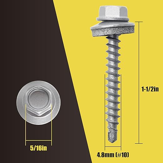 250pcs #10 x 1-1/2" Galvanized Hex Head Self-Drilling Metal Roofing Screws, EPDM Washer, No Paint, Sheet Metal Roof Screw with Hex Driver Bit