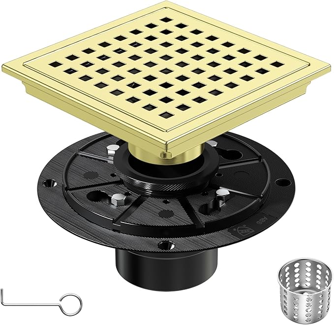 6 Inch Square Shower Floor Drain with Removable Cover Grid Grate, SUS 304 Stainless Steel, Watermark&CUPC Certified, Chrome Finished (Gold, 6 in)